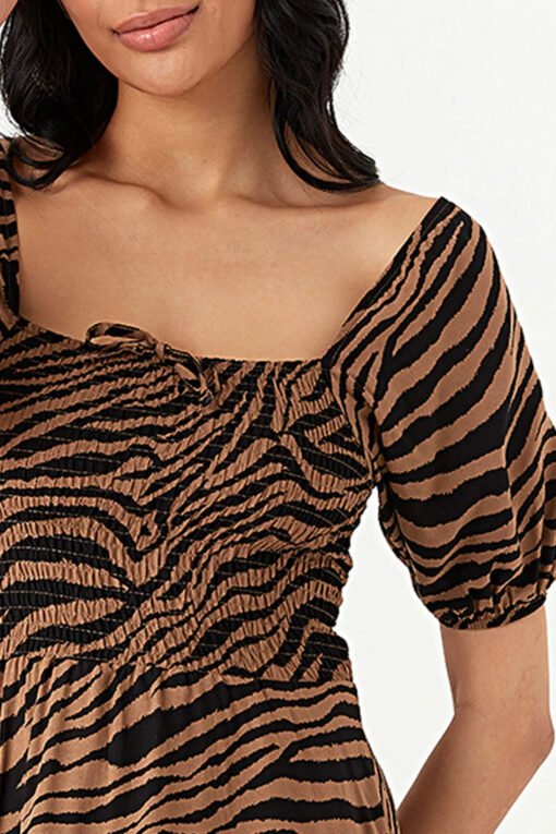 Brown Zebra Puff Sleeve Tea Dress - Image 4