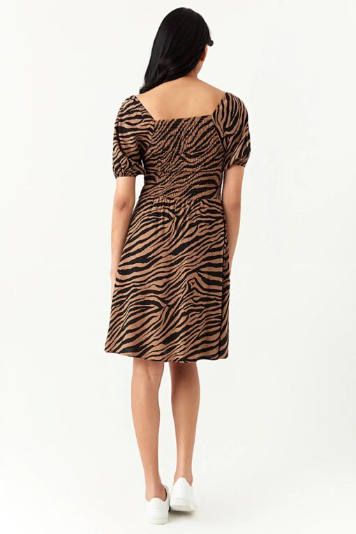 Brown Zebra Puff Sleeve Tea Dress - Image 2