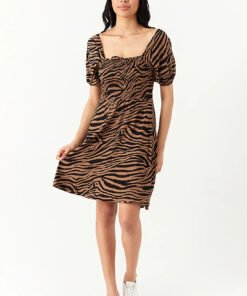 Brown Zebra Puff Sleeve Tea Dress