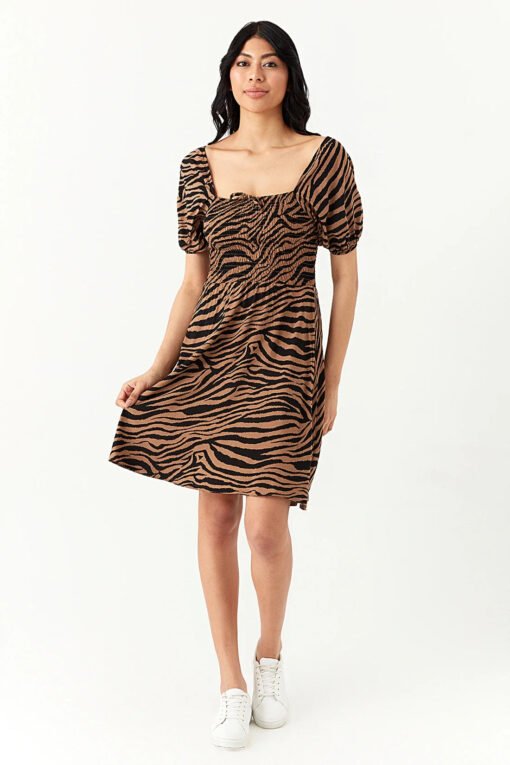 Brown Zebra Puff Sleeve Tea Dress