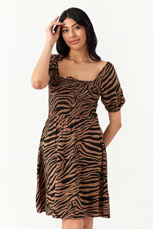 Brown Zebra Puff Sleeve Tea Dress - Image 3