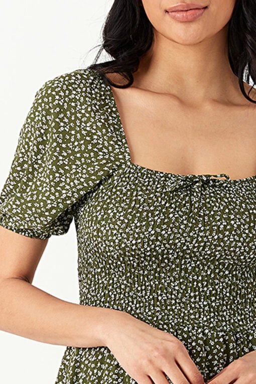 Khaki Ditsy Puff Sleeve Tea Dress - Image 4