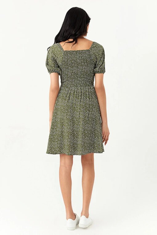 Khaki Ditsy Puff Sleeve Tea Dress - Image 3
