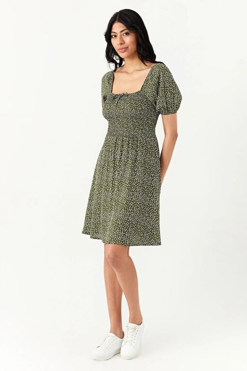Khaki Ditsy Puff Sleeve Tea Dress