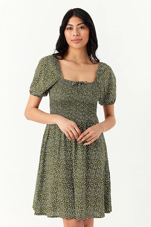 Khaki Ditsy Puff Sleeve Tea Dress - Image 2