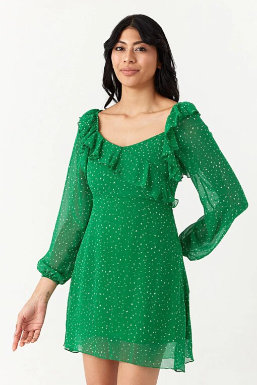 Green Chiffon Printed Frill Tea Dress - Image 2