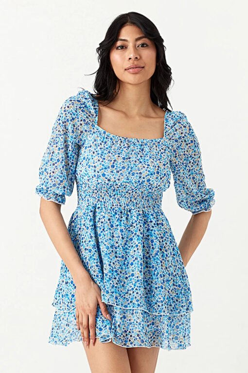 Blue Ditsy Chiffon Ra Ra Dress - Image 2