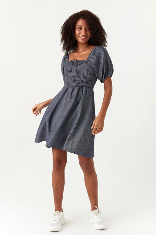 Blue Chambray Puff Sleeve Tea Dress