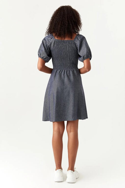 Blue Chambray Puff Sleeve Tea Dress - Image 2