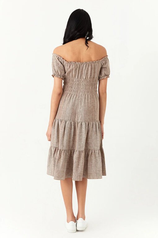 Neutral Linen Bardot Tea Dress - Image 3