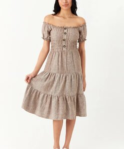 Neutral Linen Bardot Tea Dress