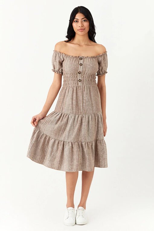 Neutral Linen Bardot Tea Dress