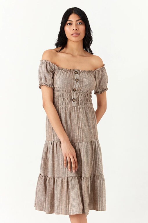 Neutral Linen Bardot Tea Dress - Image 2