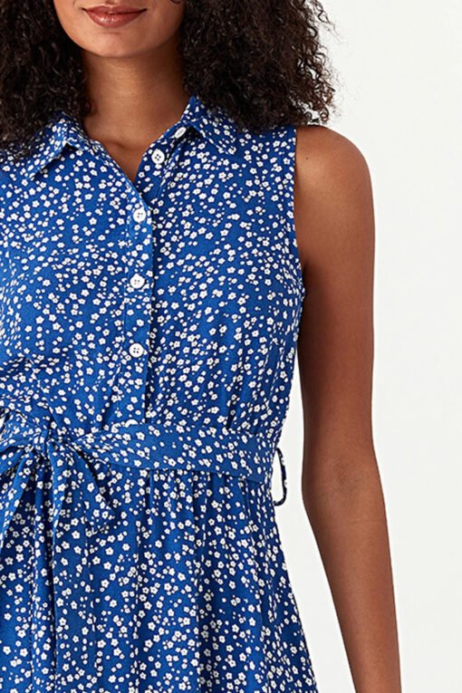 Blue Ditsy Print Sleeveless Shirt Dress - Image 4