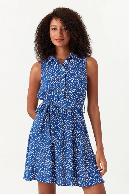 Blue Ditsy Print Sleeveless Shirt Dress - Image 3