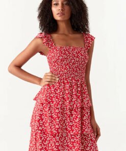 Red Frill Strap Shirred Detail Dress