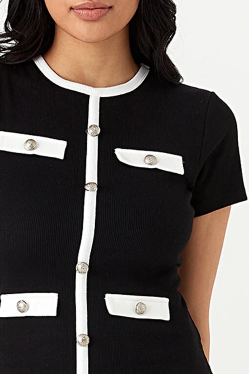 Mono Short Sleeve Trim Detail Rib Bodycon Dress - Image 4