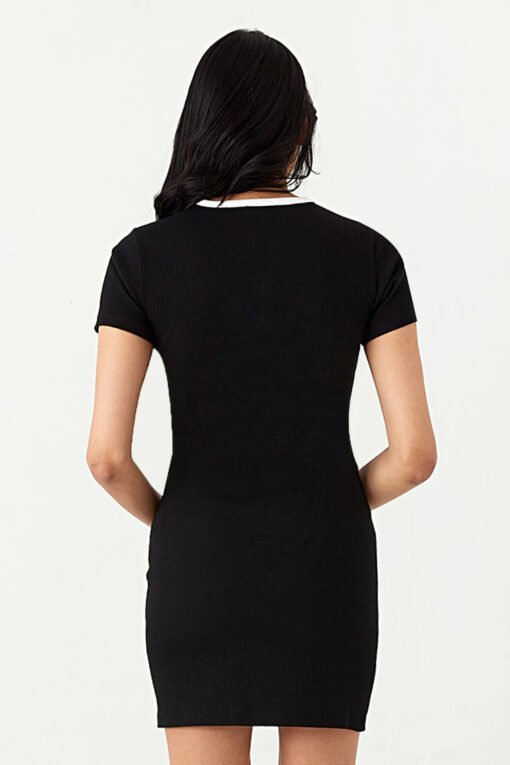 Mono Short Sleeve Trim Detail Rib Bodycon Dress - Image 3