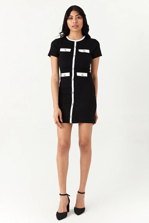 Mono Short Sleeve Trim Detail Rib Bodycon Dress