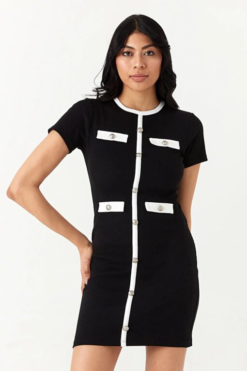 Mono Short Sleeve Trim Detail Rib Bodycon Dress - Image 2