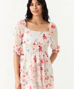 Neutral Floral Chiffon Ra Ra Dress