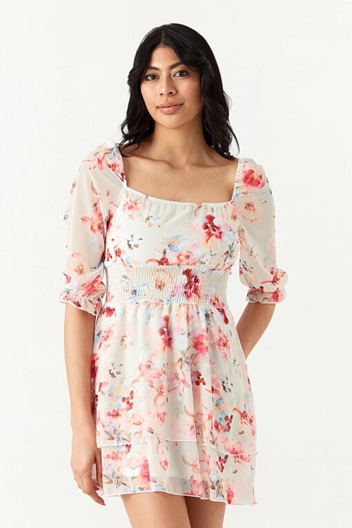 Neutral Floral Chiffon Ra Ra Dress