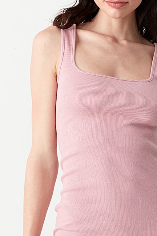 Pink Square Neck Rib Bodycon Dress - Image 2