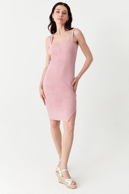 Pink Square Neck Rib Bodycon Dress - Image 4