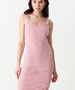 Pink Square Neck Rib Bodycon Dress