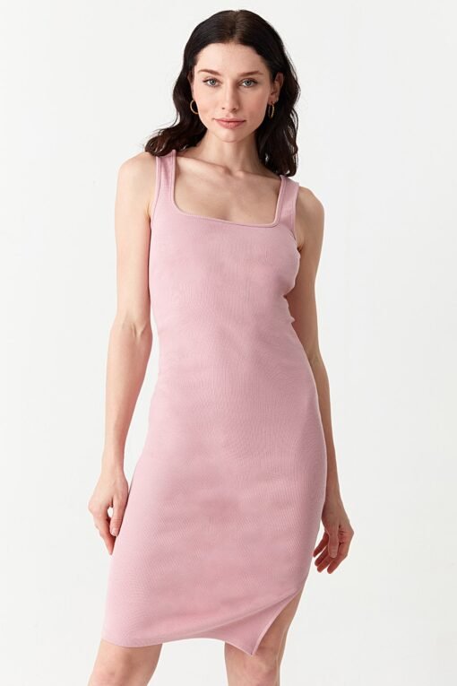Pink Square Neck Rib Bodycon Dress