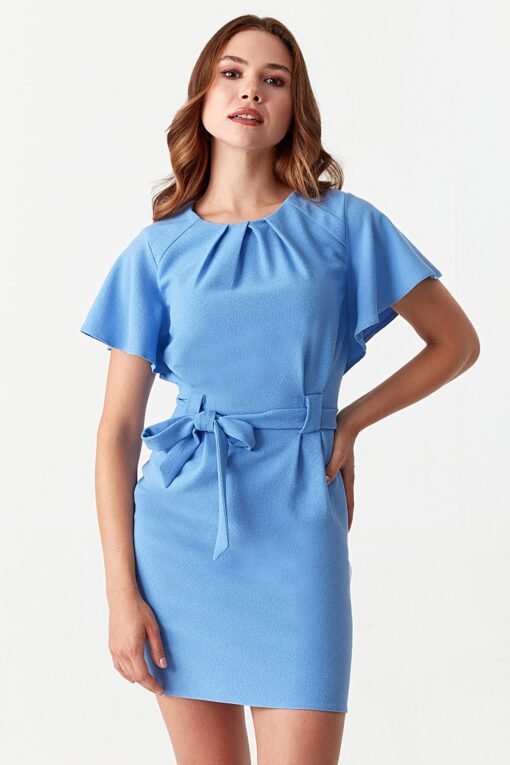 Light Blue Angel Sleeve Belted Woven Dress