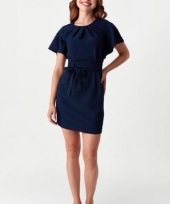 Navy Angel Sleeve Belted Woven Dress