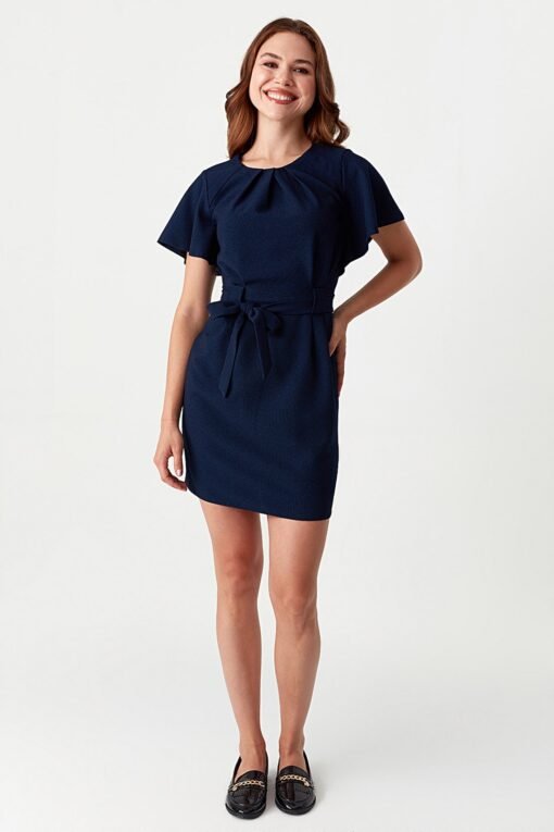 Navy Angel Sleeve Belted Woven Dress