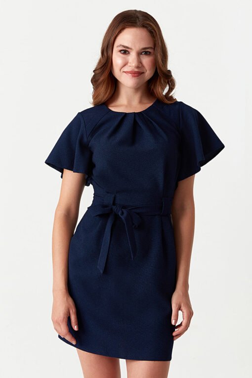 Navy Angel Sleeve Belted Woven Dress - Image 3