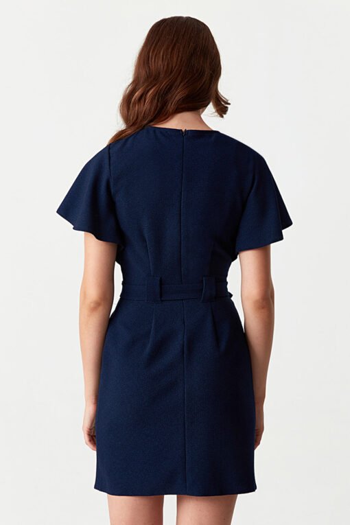 Navy Angel Sleeve Belted Woven Dress - Image 2