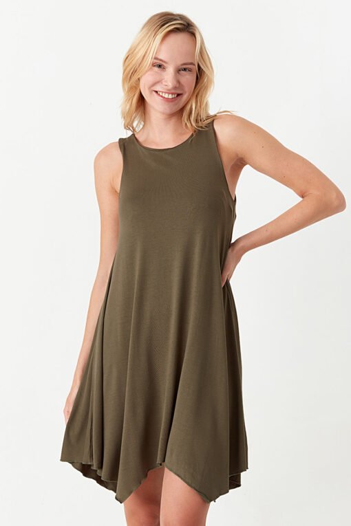 Khaki Sleeveless Hankerchief Bodycon Dress - Image 3