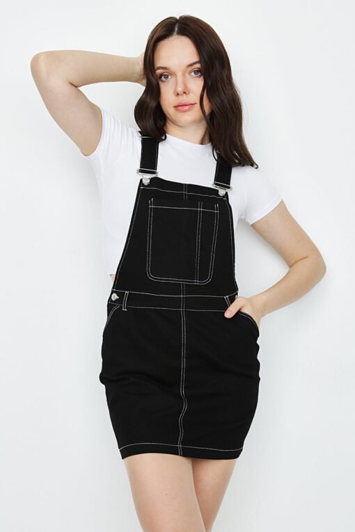 Black Contrast Stitch Dungaree Dress - Image 3