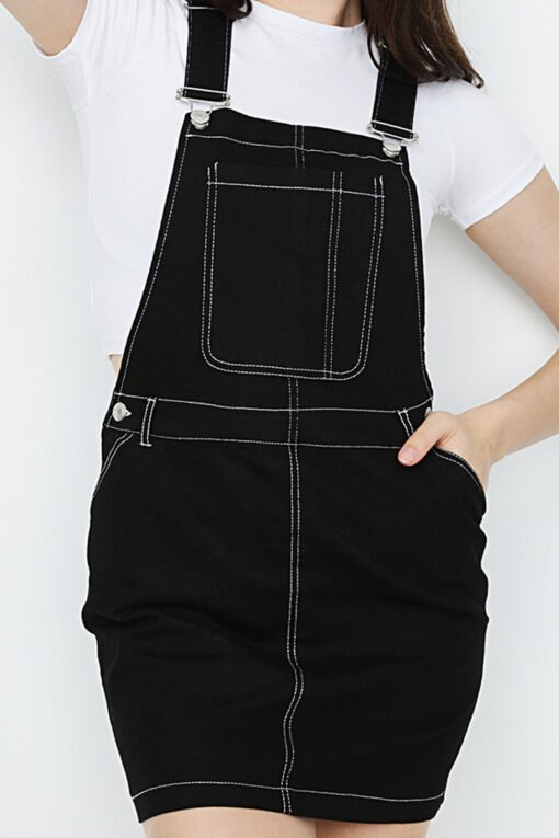 Black Contrast Stitch Dungaree Dress - Image 4