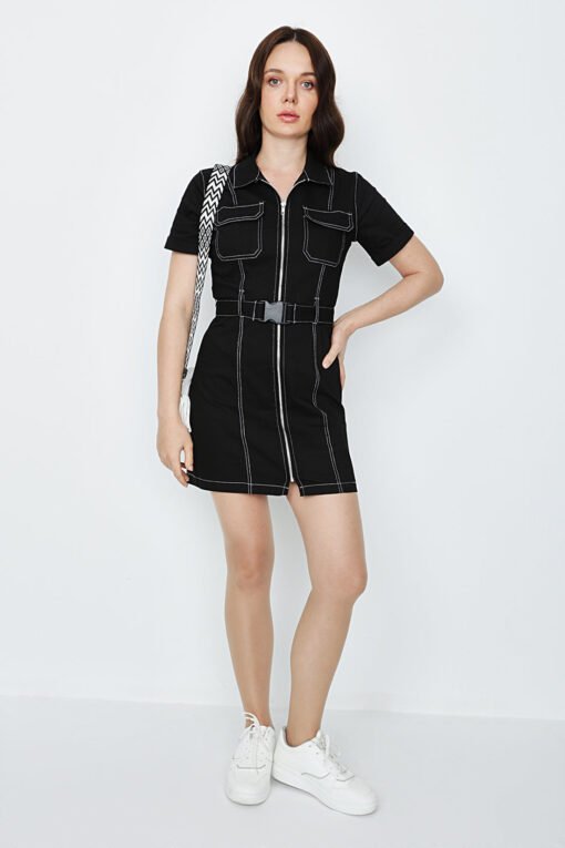 Black Contrast Stitch Casual Dress - Image 3