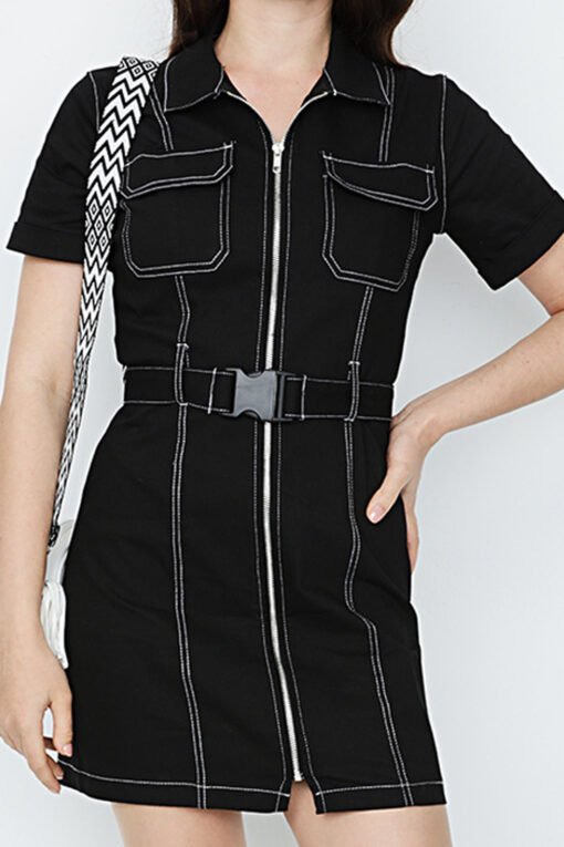Black Contrast Stitch Casual Dress - Image 4