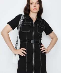 Black Contrast Stitch Casual Dress