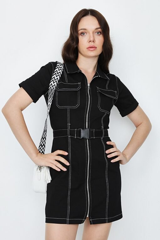 Black Contrast Stitch Casual Dress
