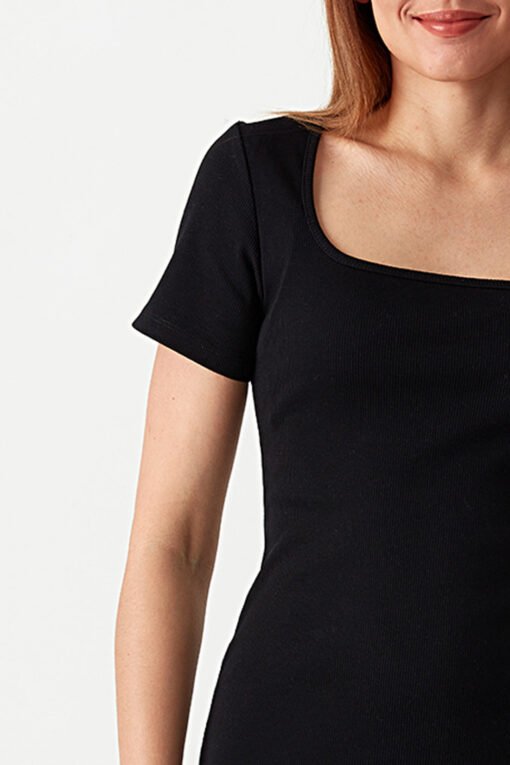Black Square Neck Mini Rib Bodycon Dress - Image 5