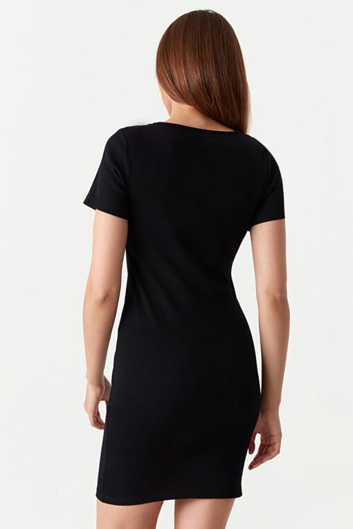 Black Square Neck Mini Rib Bodycon Dress - Image 2