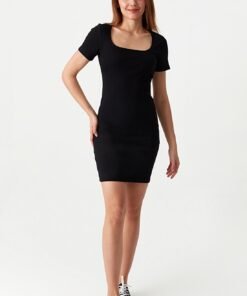 Black Square Neck Mini Rib Bodycon Dress
