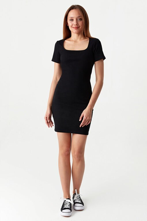 Black Square Neck Mini Rib Bodycon Dress - Image 3