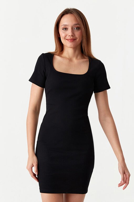 Black Square Neck Mini Rib Bodycon Dress - Image 4