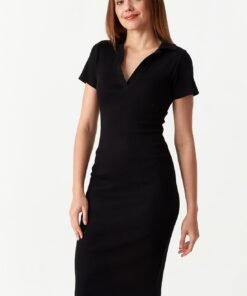 Black Collar Detail Rib Midi Bodycon Dress